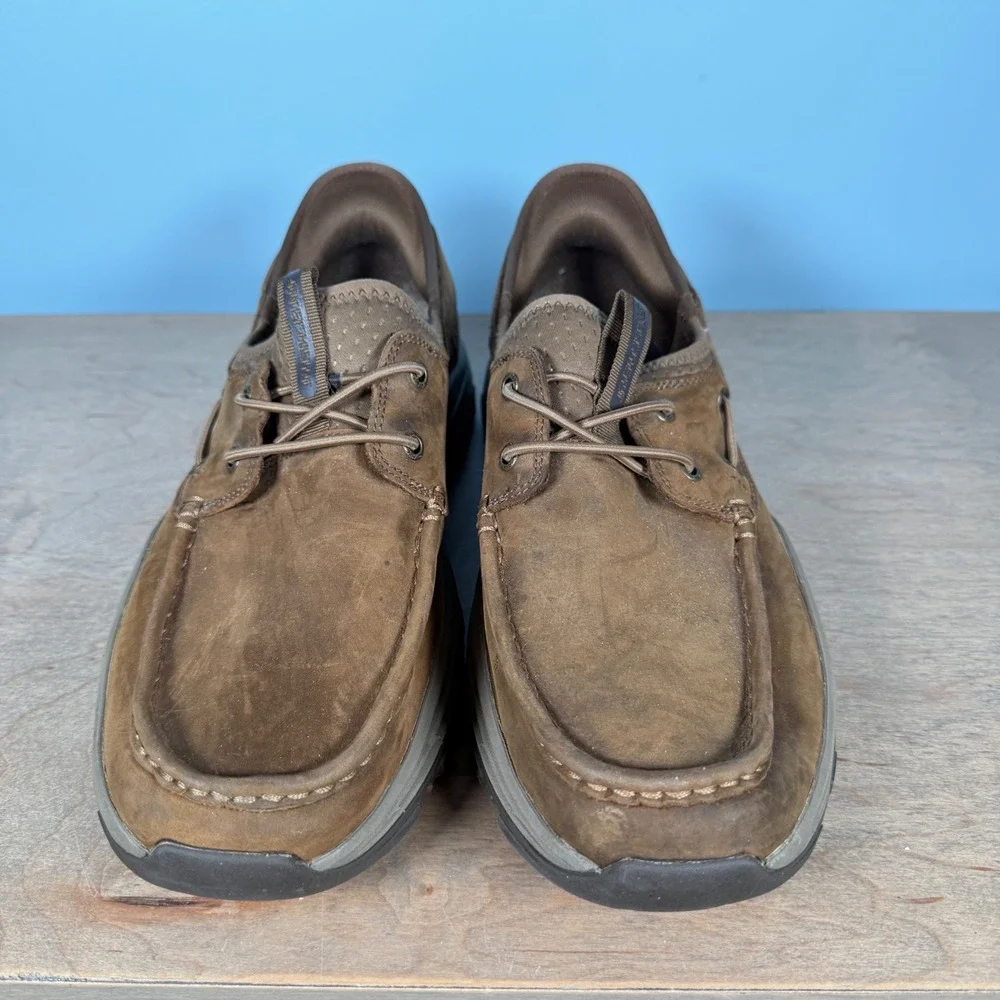 Skechers Slip-ins Garrett Mens 11.5 Brown Leather Relaxed Fit Boat Shoe 205188